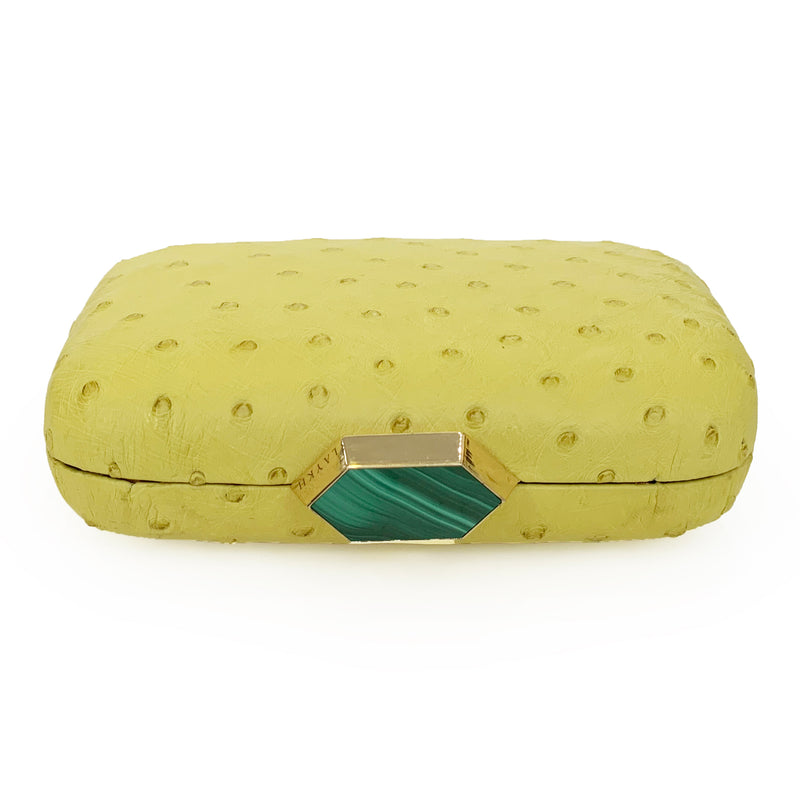 MONIKA Yellow Ostrich Minaudiere Box Clutch