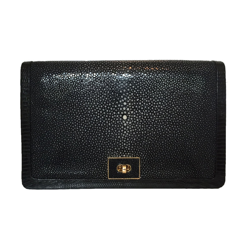 OLA (Large) Black Stingray and Lizard Cross Body Clutch Bag by LAYKH